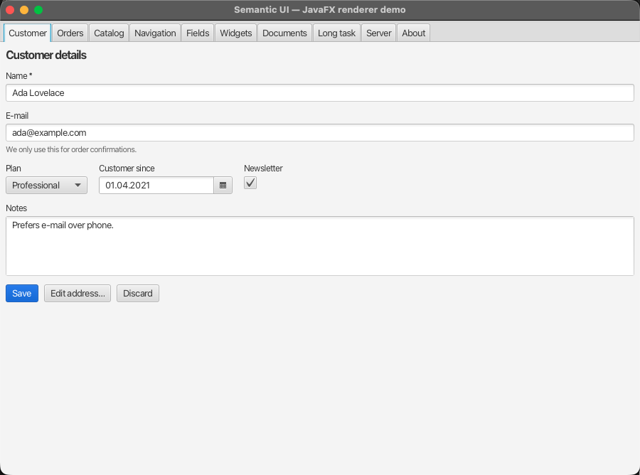 A UiForm with text, select, date, boolean and textarea fields