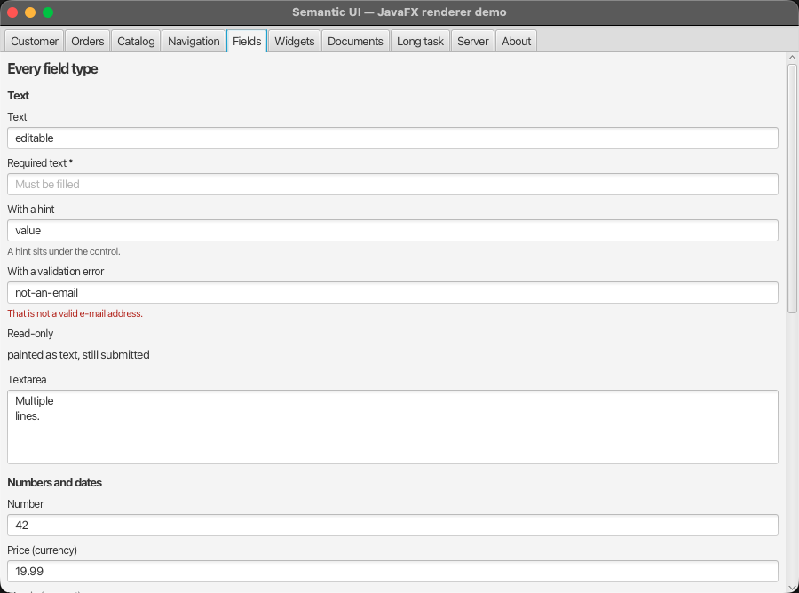 Every field type, in a scroll pane