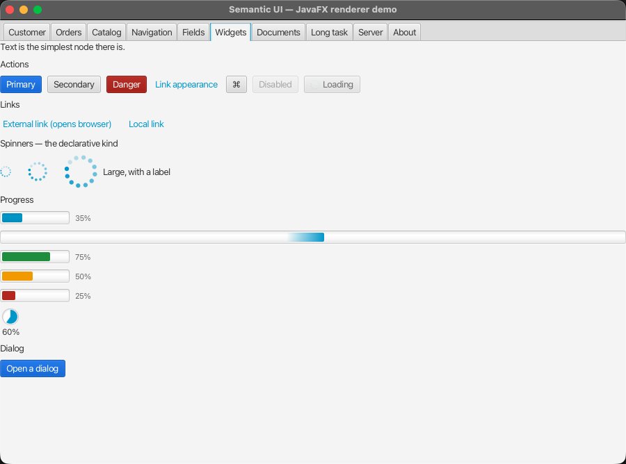 Actions, links, spinners, progress bars and a dialog button